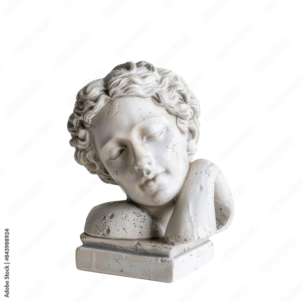 A white marble bust of a young man with his head resting on his hand. The bust is on a square base. The image is in a studio setting with a black background. A white marble bust of a young man with his head resting on his hand. The bust is on a square base. The image is in a studio setting with a black background.