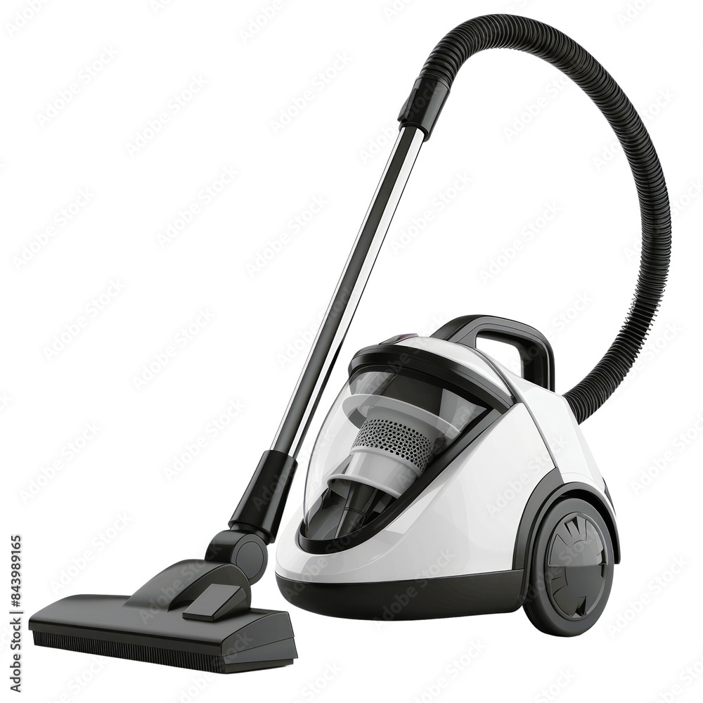 A white and grey vacuum cleaner with a long hose and a handle. A white and grey vacuum cleaner with a long hose and a handle.