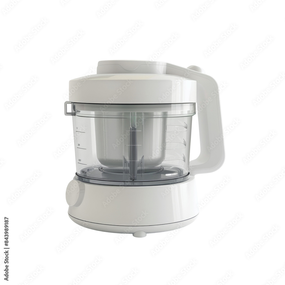White electric food processor with a clear plastic container and a handle. The processor is on a white surface. White electric food processor with a clear plastic container and a handle. The processor is on a white surface.