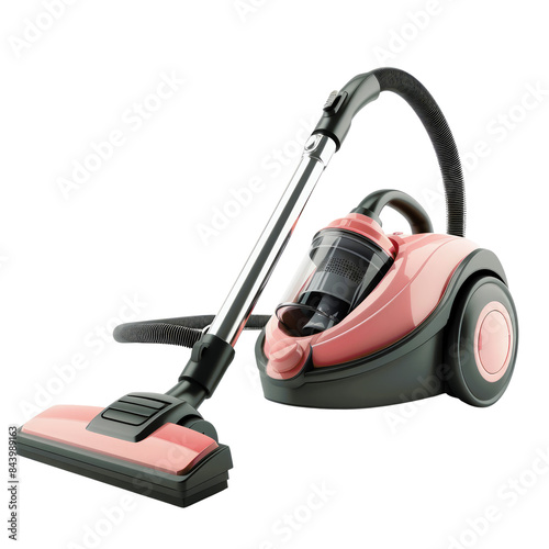 Pink and grey vacuum cleaner isolated on a black background.