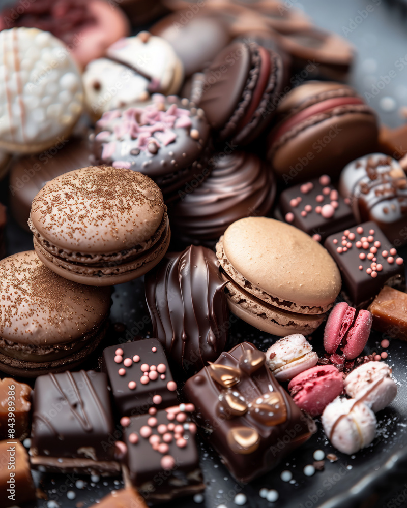 A Detailed Close-up of a Dessert Tray with Macarons, Artisanal Chocolates, and Pastries A Detailed Close-up of a Dessert Tray with Macarons, Artisanal Chocolates, and Pastries
