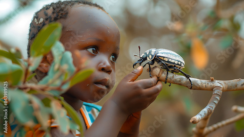 Little African Zambezian boy carefully watches a large beetle crawling on a tree, close-up, African savannah in the background, children and nature. photo