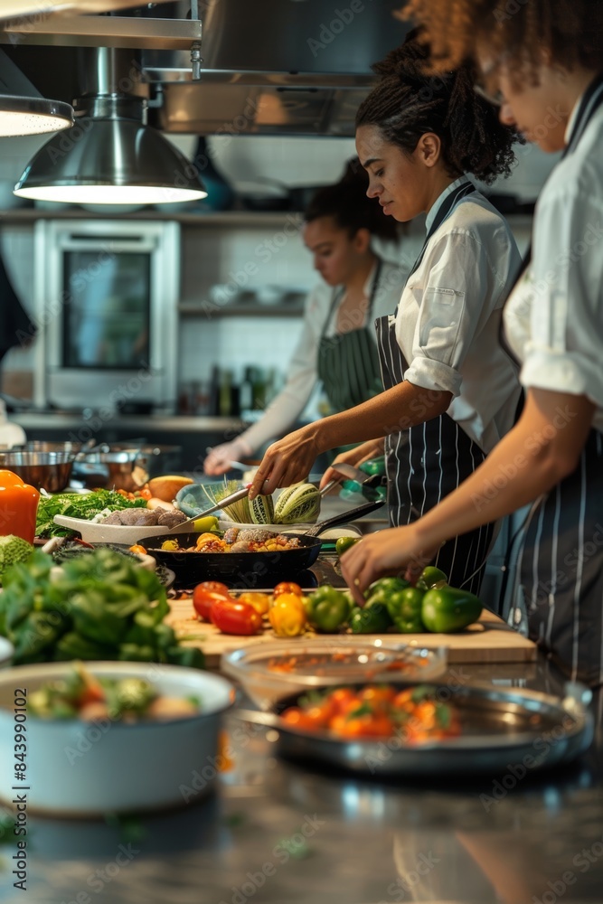 Mediterranean Diet Cooking Class in Modern Kitchen with Chefs Chopping Fresh Vegetables Mediterranean Diet Cooking Class in Modern Kitchen with Chefs Chopping Fresh Vegetables