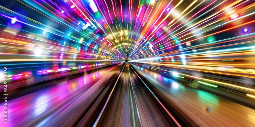 Vibrant light speed tunnel with colorful abstract light streaks, creating a sense of dynamic motion and futuristic energy.