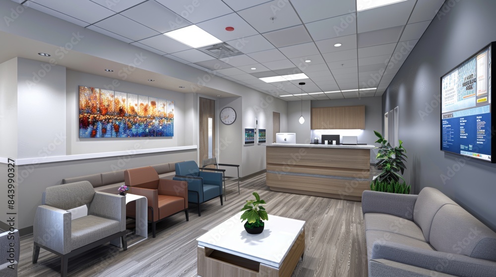 Fototapeta premium Modern Clinic Waiting Area with Comfortable Seating and Informative Phototherapy Posters