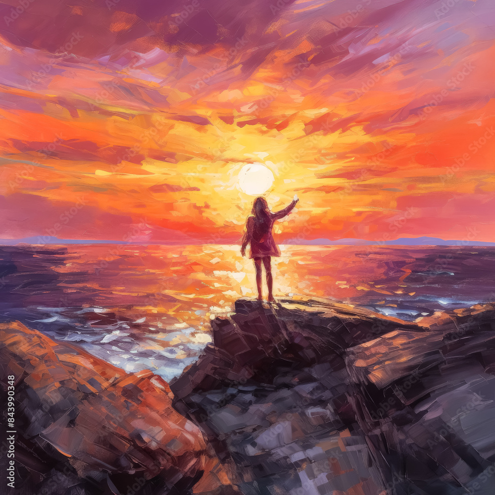 A man stands on a rock overlooking the ocean at sunset. The sky is filled with clouds and the sun is setting, casting a warm glow over the scene. The man is lost in thought A man stands on a rock overlooking the ocean at sunset. The sky is filled with clouds and the sun is setting, casting a warm glow over the scene. The man is lost in thought