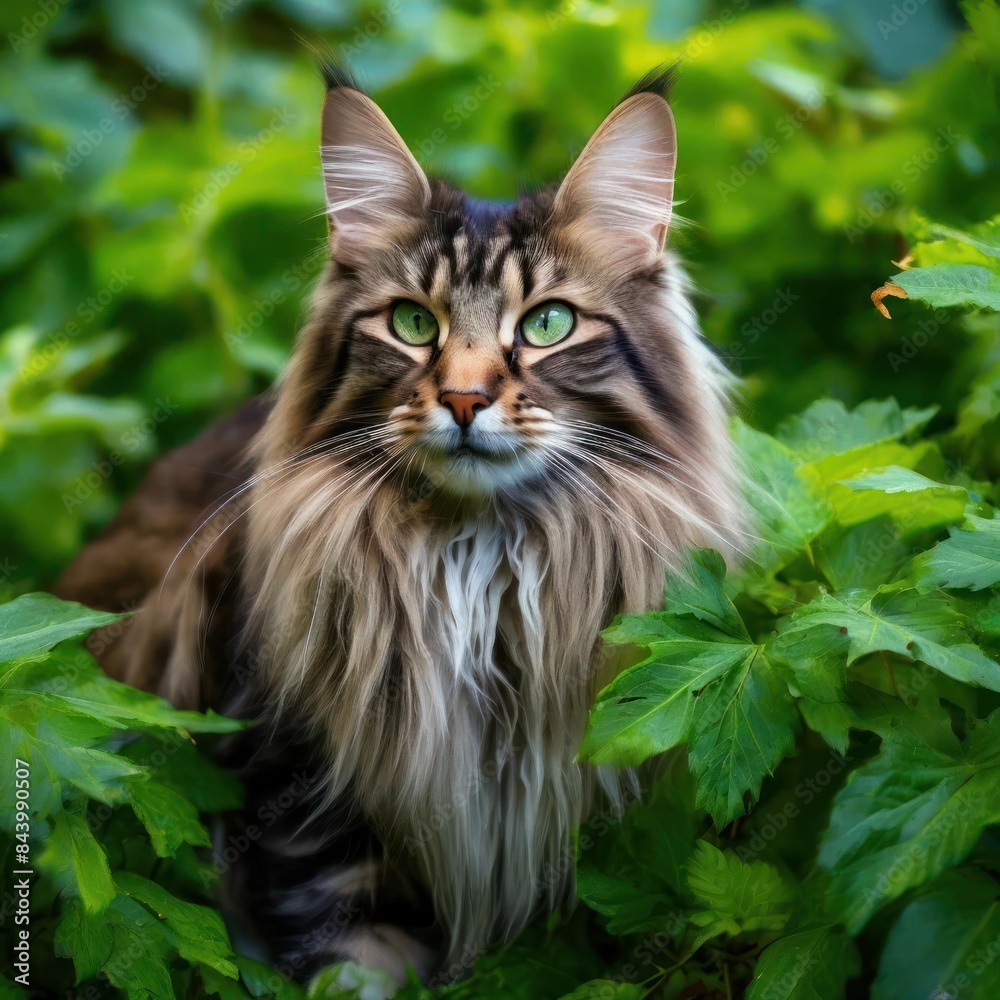 A Norwegian forest Cat in lush greenery, a realistic portrait created by artificial intelligence. A Norwegian forest Cat in lush greenery, a realistic portrait created by artificial intelligence.