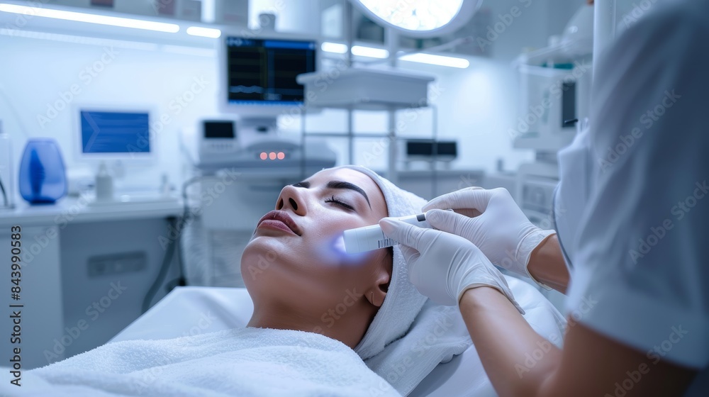 Professional Cosmetologist Performing Radiofrequency Lifting Procedure in Modern Clinical Setting
