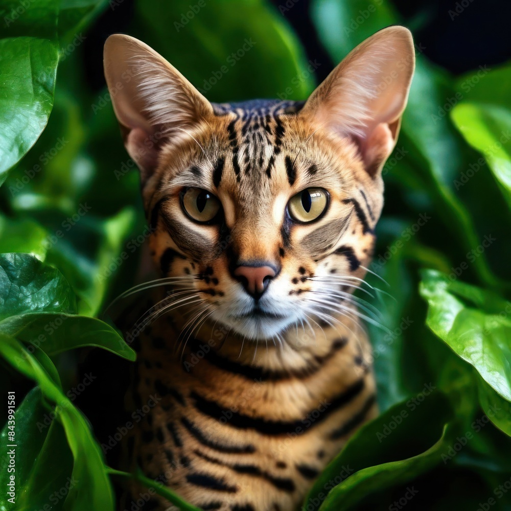 A Savannah cat in lush greenery, a realistic portrait created by artificial intelligence. A Savannah cat in lush greenery, a realistic portrait created by artificial intelligence.