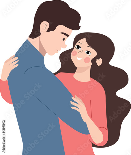 Happy young couple hugging. Man hugs woman. Smiling girl hugs man . Happy young couple hugging. Smiling girl. Young girl hugs guy's shoulder. Girl on a guy's shoulder. EPS10