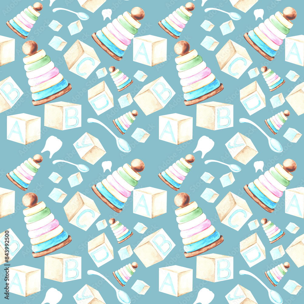 Children's toys, watercolor seamless pattern on a gray-blue background