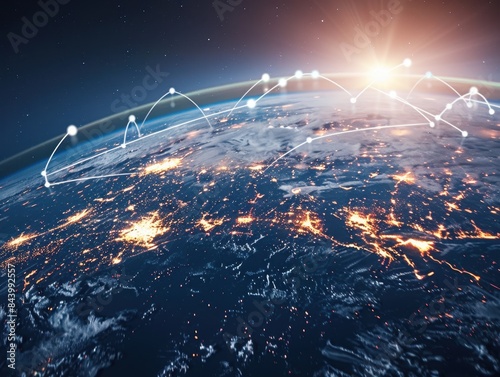 Global network connection concept with digital lines and dots connecting across the Earth, representing communication and technology.