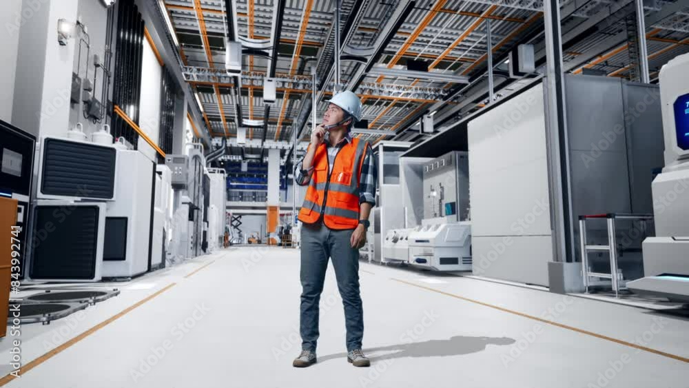 Full Body Of Asian Male Engineer With Safety Helmet Thinking About Something And Looking Around While Standing At Factory Digitalization Full Body Of Asian Male Engineer With Safety Helmet Thinking About Something And Looking Around While Standing At Factory Digitalization