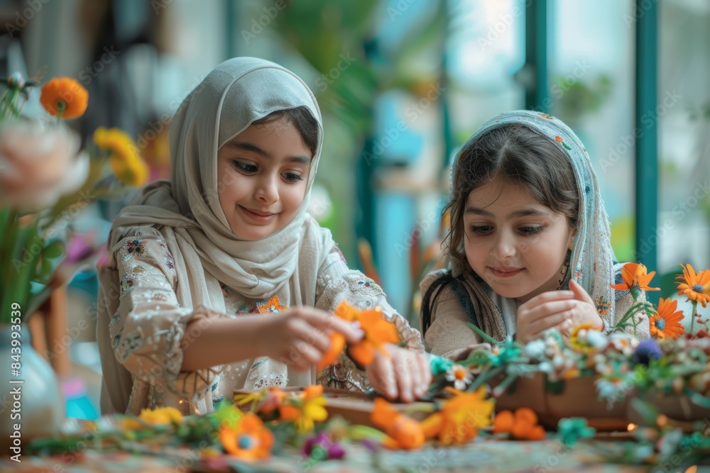 Fototapeta premium Children Making Eid Crafts With Flowers