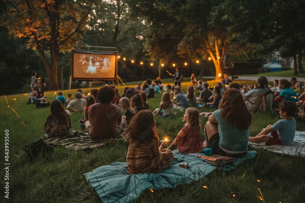 Families gather on the lawn, enjoying a movie at an open-air cinema festival. Families gather on the lawn, enjoying a movie at an open-air cinema festival.