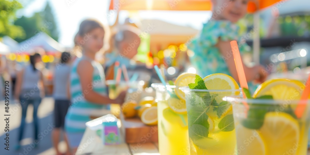 A vibrant market stall sells refreshing lemonade, fruity cocktails, and citrus-infused beverages. A vibrant market stall sells refreshing lemonade, fruity cocktails, and citrus-infused beverages.