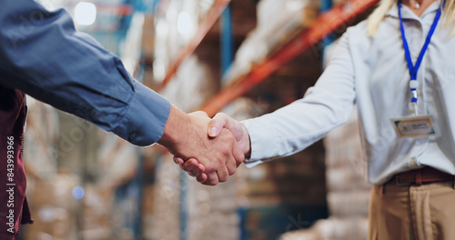 Canvas Print Handshake, agreement and teamwork for people in warehouse, meeting and deal for supply chain