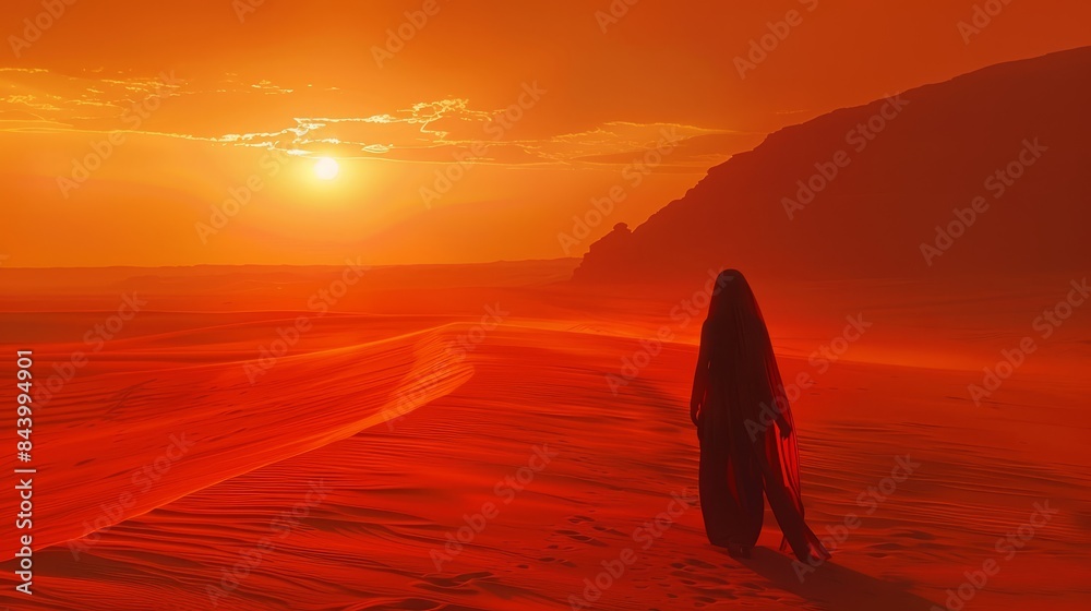 Arabian woman walking alone in the expansive desert at sunset, minimalistic panorama, saturated hues highlighting the dramatic dunes Arabian woman walking alone in the expansive desert at sunset, minimalistic panorama, saturated hues highlighting the dramatic dunes