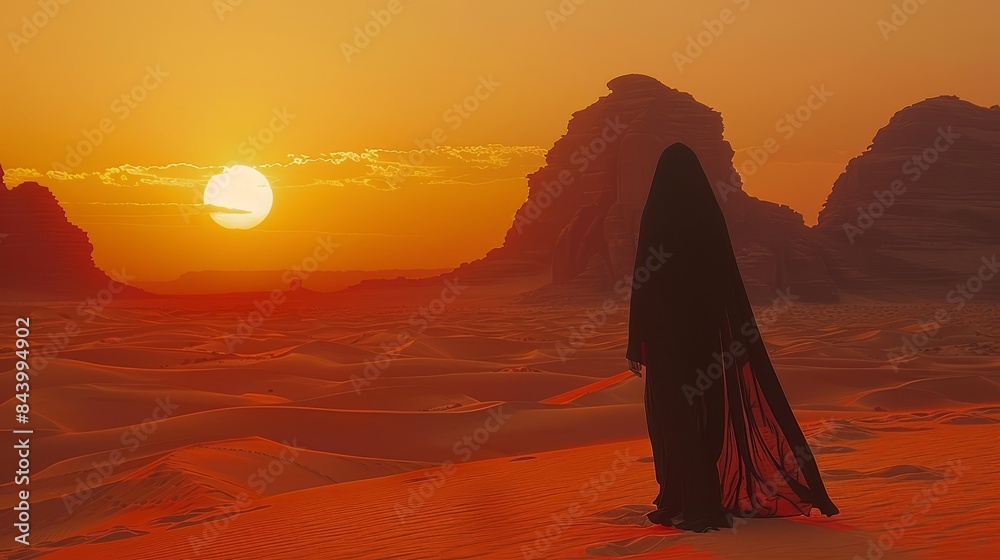 Arabian woman walking alone in the expansive desert at sunset, minimalistic panorama, saturated hues highlighting the dramatic dunes Arabian woman walking alone in the expansive desert at sunset, minimalistic panorama, saturated hues highlighting the dramatic dunes