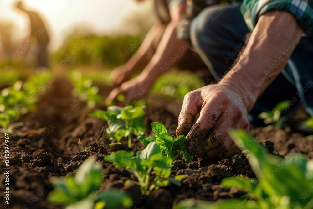 Close-up of hands planting young seedlings in soil, symbolizing teamwork and sustainability in farming at sunrise. Close-up of hands planting young seedlings in soil, symbolizing teamwork and sustainability in farming at sunrise.