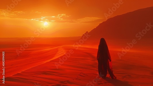 Arabian woman walking alone in the expansive desert at sunset, minimalistic panorama, saturated hues highlighting the dramatic dunes