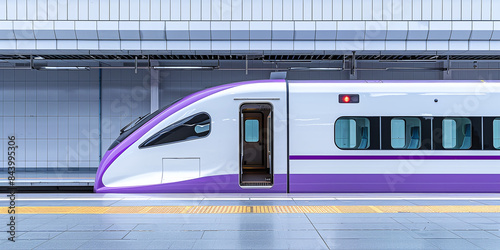 High-speed train door opens, white and purple exterior, simple background with empty platform