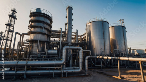 Hydrogen power plant with expansive steel tanks and pipes, captured in a wide-angle photo. Illustrating the concept of clean H energy.