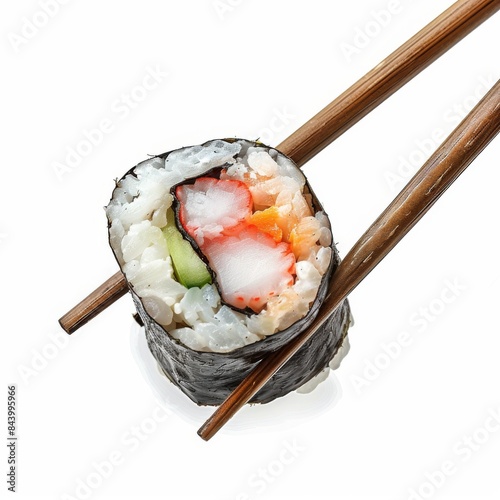 Single Sushi Roll Held By Chopsticks Over White Background