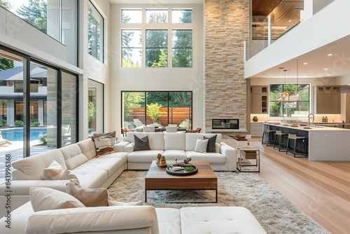 Beautiful living room interior in new luxury home with open concept floor plan. Shows kitchen, dining room, and wall of windows with amazing exterior.