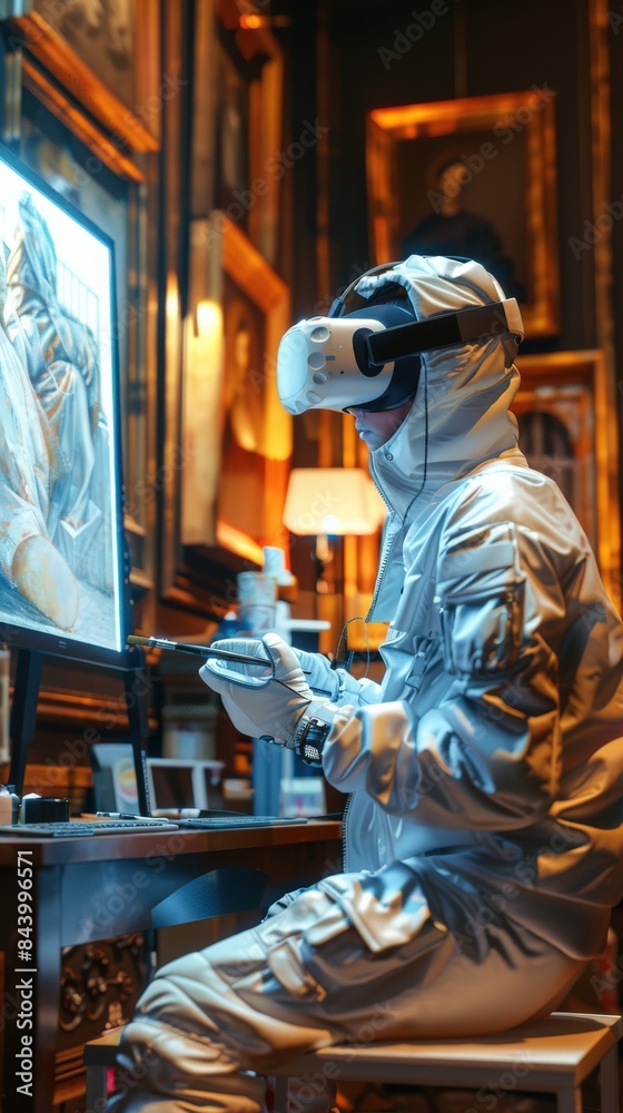 Person in a futuristic outfit using virtual reality technology in an art gallery setting, blending modern tech with classical art. Person in a futuristic outfit using virtual reality technology in an art gallery setting, blending modern tech with classical art.