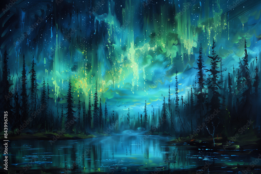 Northern lights (Aurora borealis) in the sky over trees and lake Northern lights (Aurora borealis) in the sky over trees and lake