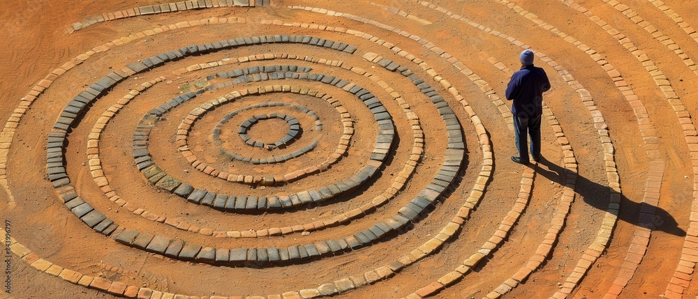 A solitary figure stands in contemplation beside a spiral stone pattern on a sandy surface, casting a long shadow in the sunlight.