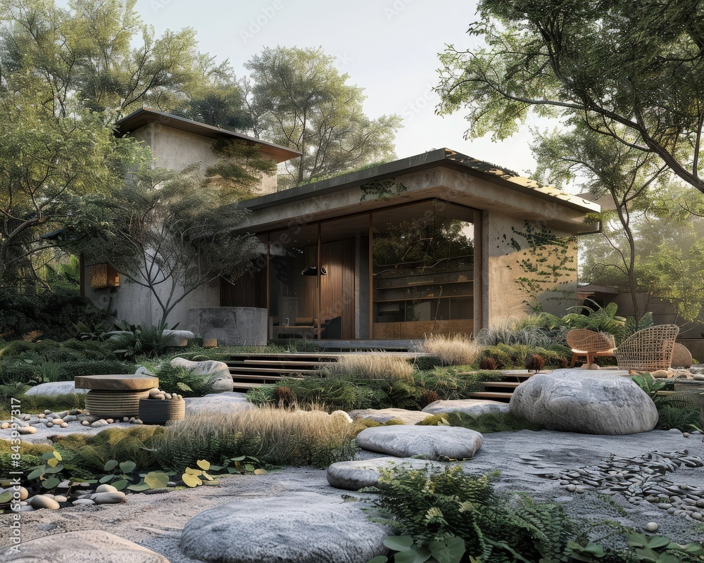 Fototapeta premium Modern house with large windows, surrounded by lush greenery and rocks, creating a serene and natural landscape in a peaceful setting.