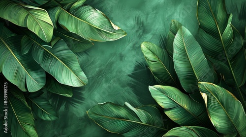 Detailed green tropical leaves on an artistic textured green background