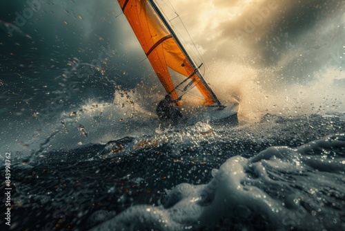 Sailboarder Riding Waves in Dramatic Sunset
