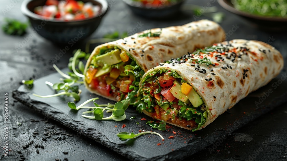 Vegan wraps stuffed with colorful vegetables and microgreens on a slate serving board Vegan wraps stuffed with colorful vegetables and microgreens on a slate serving board