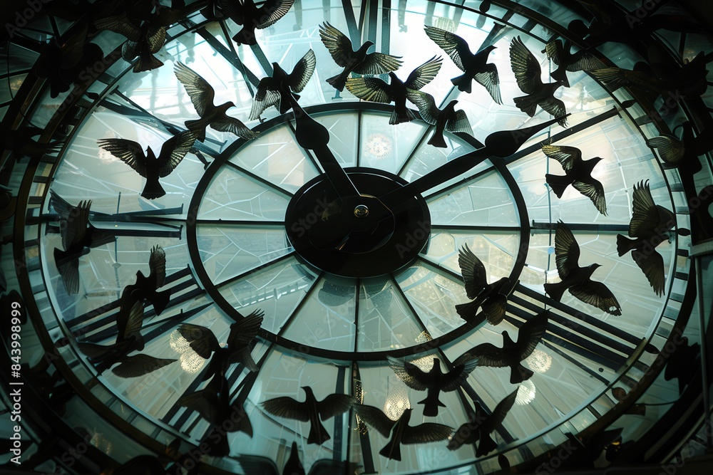 Obraz premium Looking up at a magnificent clock with silhouetted birds flying, casting dramatic shadows on the intricate glass and metal design.