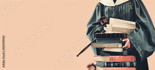 The photo shows a lawyer or judge in a black robe holding a gavel and a stack of books.
