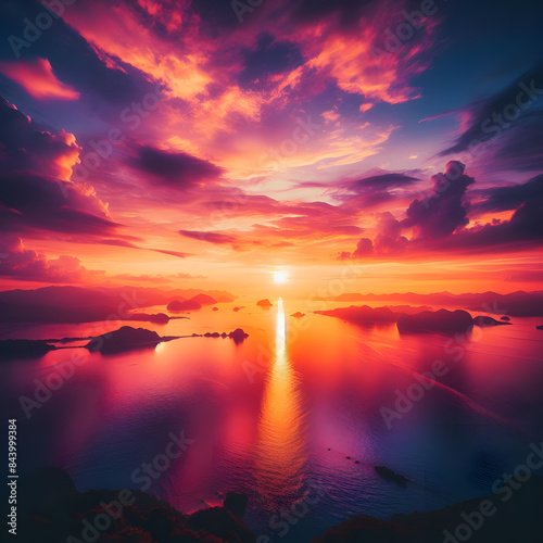 Radiant Sunset Over Peaceful Islands and Reflective Sea photo