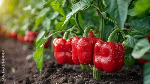 Lush green plants with ripe red bell peppers covered in dew drops illustrate fresh produce and healthy eating
