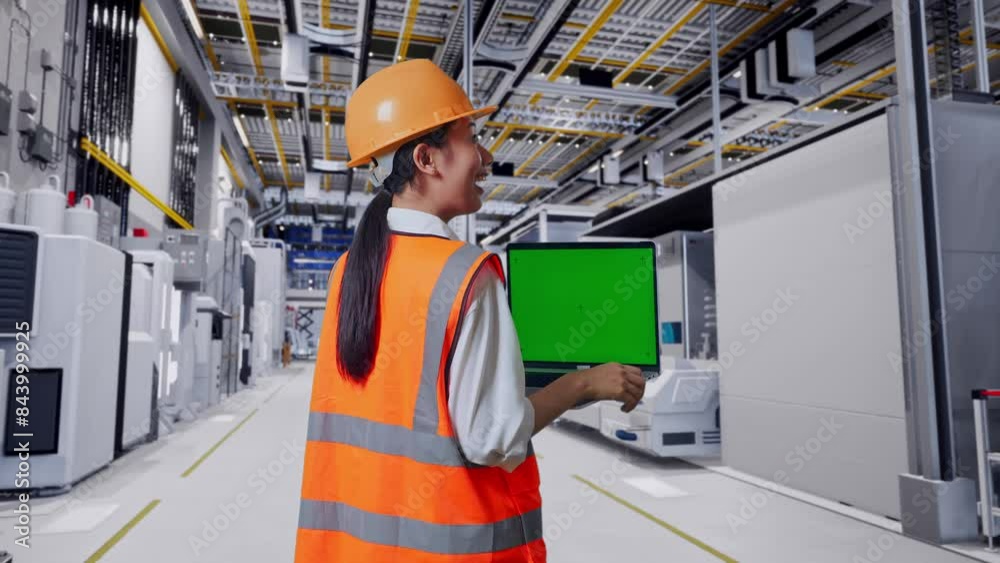 Back View Of Asian Female Engineer With Safety Helmet Working On A Green Screen Laptop And Looking Around At Factory Digitalization Back View Of Asian Female Engineer With Safety Helmet Working On A Green Screen Laptop And Looking Around At Factory Digitalization