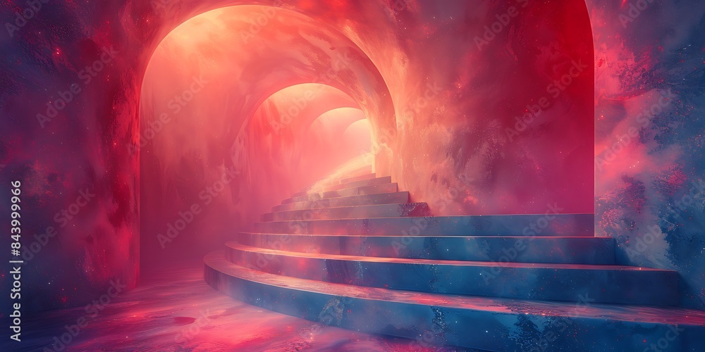A staircase winds its way through a surreal, otherworldly tunnel bathed in vibrant hues of red, pink, and blue, evoking a sense of cosmic wonder and futuristic exploration.