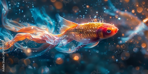 A goldfish with flowing fins swims through bubbly water, illuminated by an ethereal glow, creating a sense of tranquility and wonder. photo
