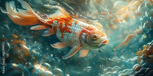 A beautiful koi fish swimming gracefully in crystal-clear water  its orange and white scales shimmering in the sunlight.