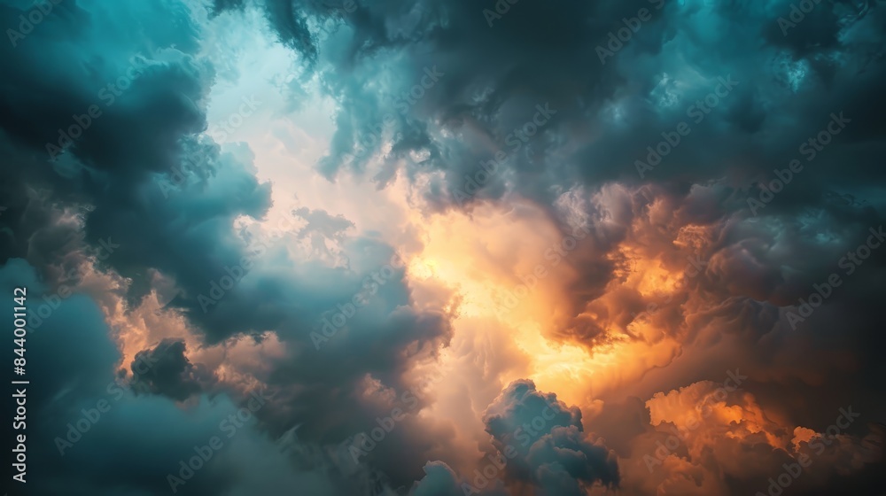 Fototapeta premium Dramatic, moody sky with dense, dark clouds and vivid light contrasts just before the storm hits