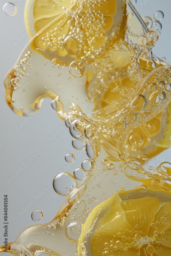 Obraz premium Close up of lemon slices in stirring the lemonade on background. Texture of cooling sweet summer's drink with macro bubbles on the glass wall. Fizzing or floating up to top of surface.