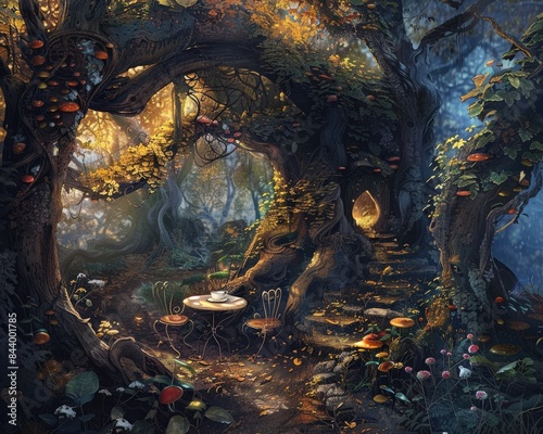 Enchanted forest scene with a whimsical tea table, mushrooms, and magical lighting creating a mystical fantasy atmosphere.