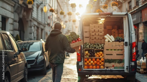 Open Market Delivery: Worker Unloading Fresh Produce from Van at Sunrise