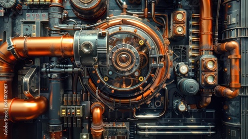Industrial-themed 3D illustration with mechanical parts and steampunk elements. 