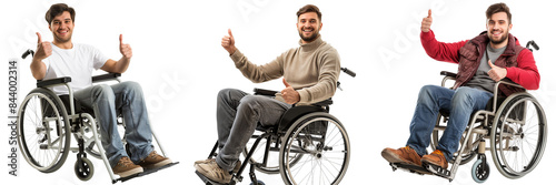 Set of man in a wheelchair, smiling and giving a thumbs-up, isolated on a transparent background © anupdebnath